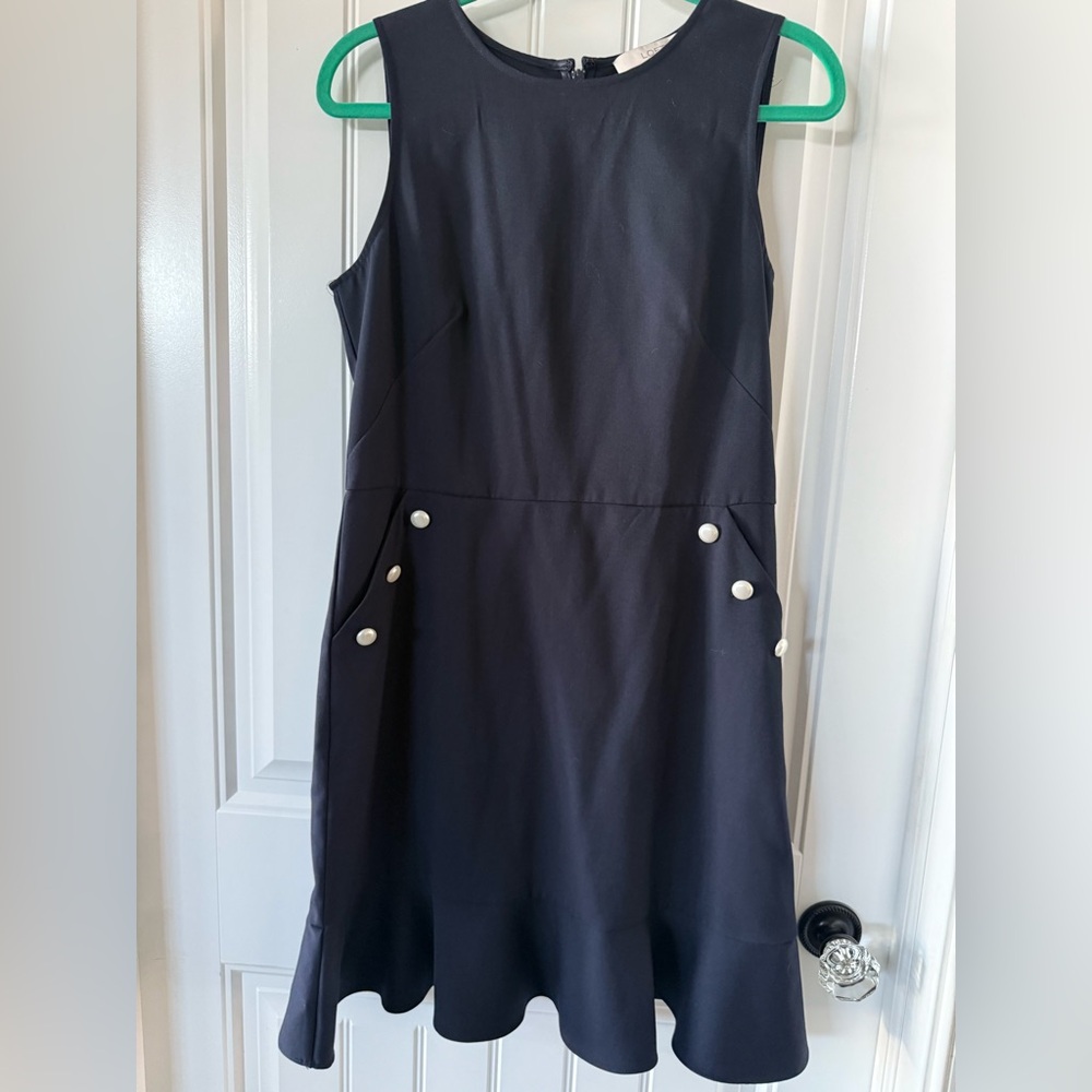 LOFT Navy Midi Dress with Pearly Button Details